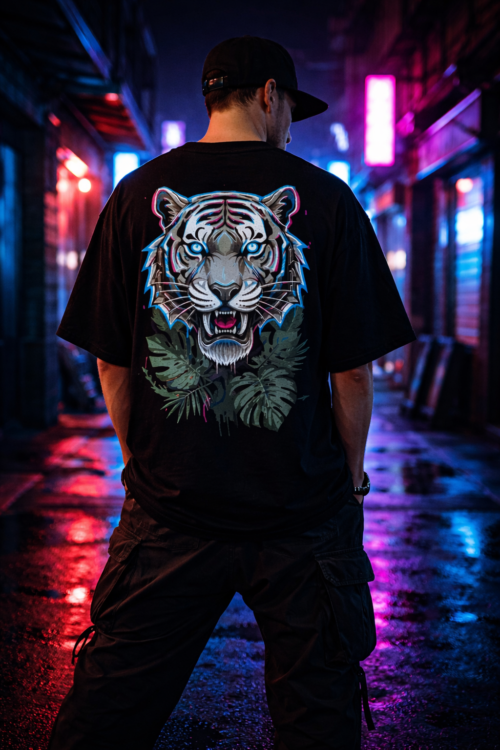Neon Jungle Roar — Oversized Streetwear Tiger Back Print T-Shirt